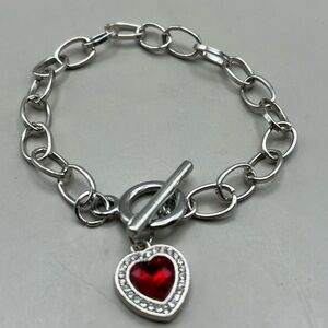 Silver Heart Charm Bracelet with Red Gem